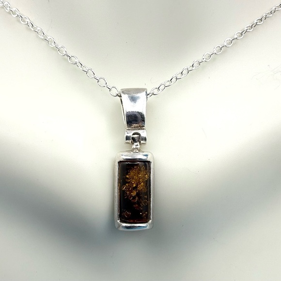Baltic Amber Solid Sterling Silver Pendant Necklace W/ Sterling Plate Chain - Picture 1 of 4